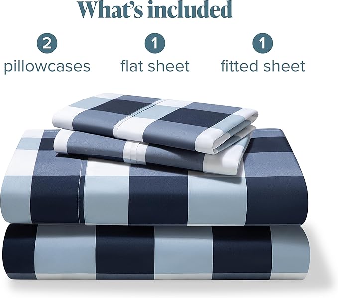 Bare Home Split Head Flex King Sheet Set - Luxury 1800 Ultra- Soft Double Brushed Microfiber - Deep Pockets - Easy Fit - 4 Piece Bedding Sheet Set (Split Head Flex King, Gingham Blue)