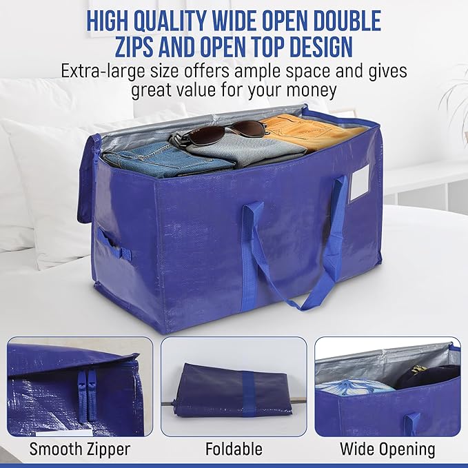 Yan & Hin Extra Large Moving Bags Heavy Duty 2 Pack, 90L Storage Bags for Moving with Zipper & Reinforced Handles, College Dorm Moving Bags, Reusable Packing Bags for Clothes, Blankets, Organization