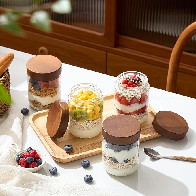 Danmu 16 oz Overnight Oats Containers with Lids,Glass Jars with Lids 4 Pack | Wooden Lid,Mason Jars for Overnight Oats,Meal Prep,Yogurt,Leak-proof,Dishwasher Safe(remove lids),Fridge Safe,Portable