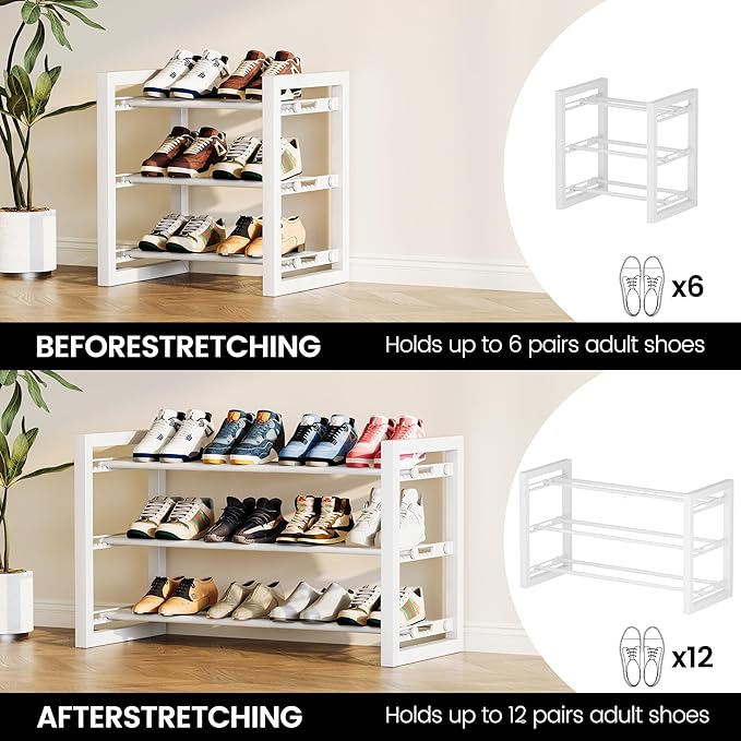 Homeiju Expandable Shoe Rack, 3 Tier Metal Shoe Shelf, Adjustable Shoe Stand for Sneakers, Boots, Heels, Heavy-Duty Steel Standing Shoe Organizer for Entryway, Closet, Bedroom, White