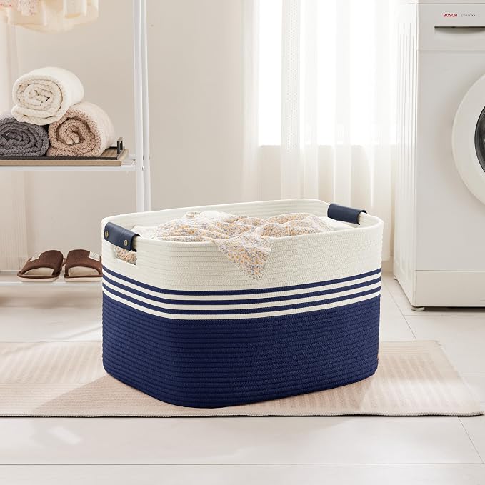 86L Large Woven Laundry Basket Hamper with Leather Handles,Navy | 24"x16"x14", collapsible wicker hamper, storage for dirty clothes, toys, blankets, gifts, living room, bedroom, bathroom