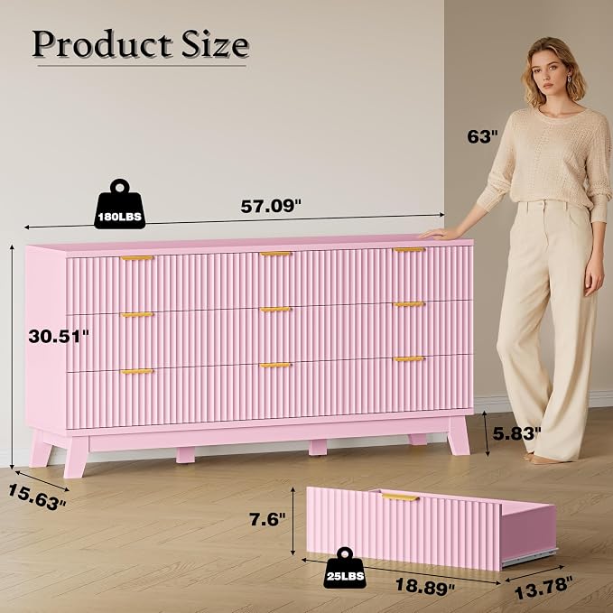 BORNOON Fluted 9 Drawer Dresser, 57.1" Wide Modern Boho Chest of Drawers, Wooden Storage Dresser TV Stand for Bedroom, Living Room, Closet, Hallway, Curved Profile Design