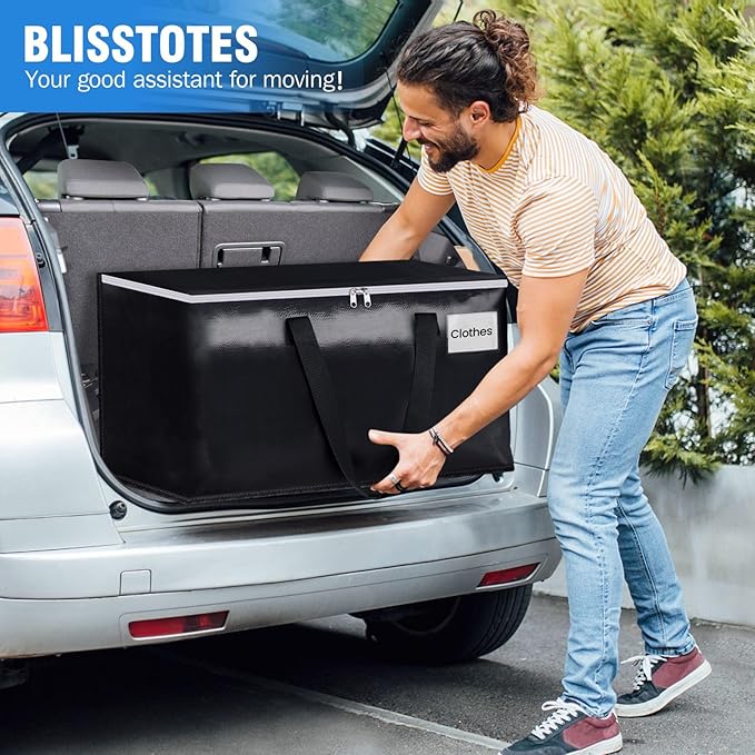 BlissTotes Moving Bags, Heavy Duty Moving Boxes with Zippers Top and Sturdy Handles, Storage Bags for Space Saving and Packing, Collapsible Moving Supplies, Storage Totes (125L, 8-Pack, Black)