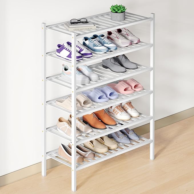 Smiry Bamboo Shoe Rack for Closet, 6 Tier Wooden Shoe Organizer, Stackable Wood Shoe Storage Shelf for Entryway, 14 Vertical Slats, 3+3 Stack Heavy-Duty Legs, 26.77"x11.02"x36.61", White