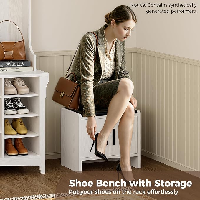 IRONCK 80" H 47" W Large Hall Tree with Bench and Shoe Storage, 6-in-1 Entryway Bench with Coat Rack, Adjustable Shelf, Hanging Hooks, 11 Shoe Cubby, 2 Tier Top Storage for Entryway and Bedroom, White