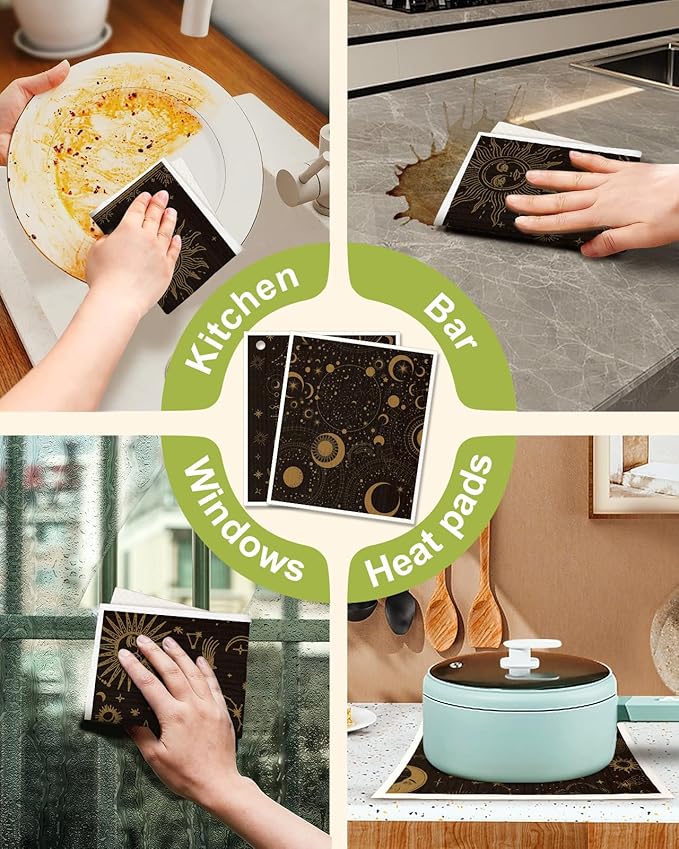 Miss Adola 8 Pack Swedish Kitchen Dishcloths - Absorbent Reusable Dish Towels, Fast Drying, Moon Sun