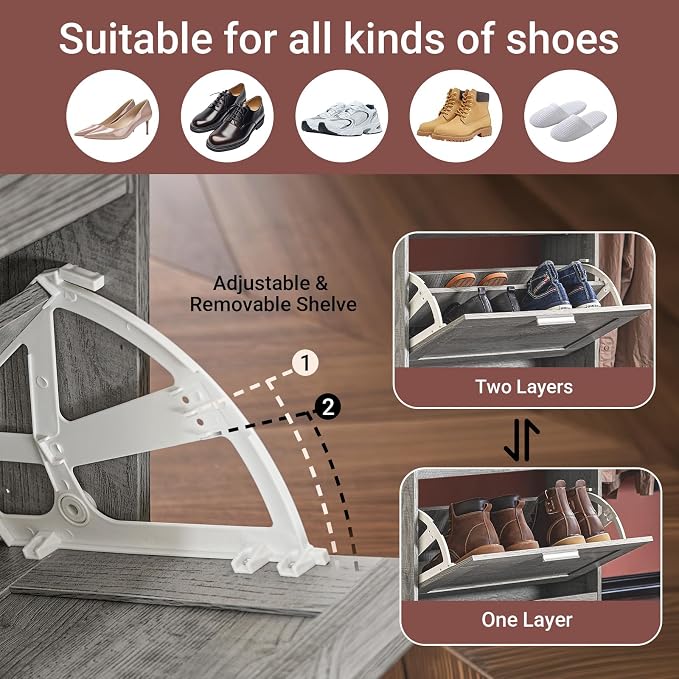 Haotian Shoe Storage Cabinet Entryway | Freestanding Shoe Cabinet with 3 Flip-Drawers Fully Enclosed Tall Shoe Rack Shoe Organizer, Grey, FSR137-L-HG