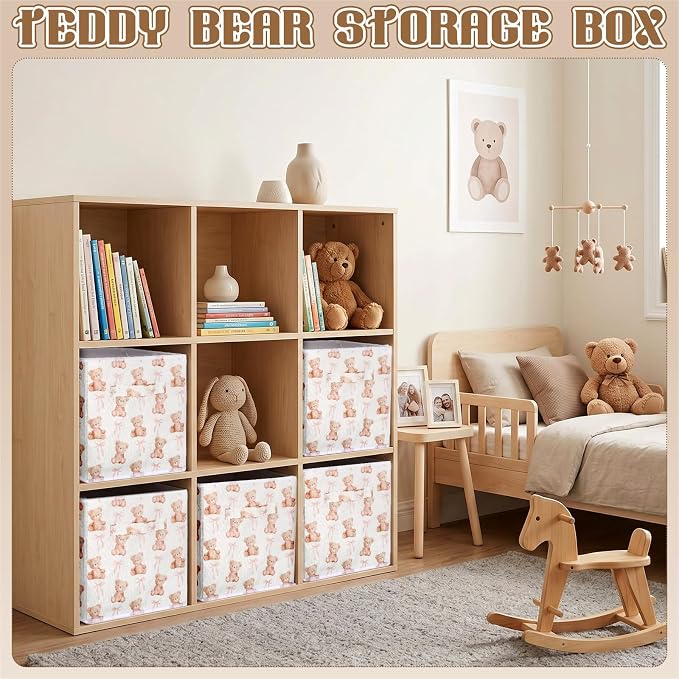 Geelin 6 Pcs Pink Bow Teddy Bear Cube Storage Bins 11 Inch Storage Basket with Handle, Preppy Girls Organizer Basket, Collapsible Fabric Box for Classroom Bedrooms Office Home Decoration Gift