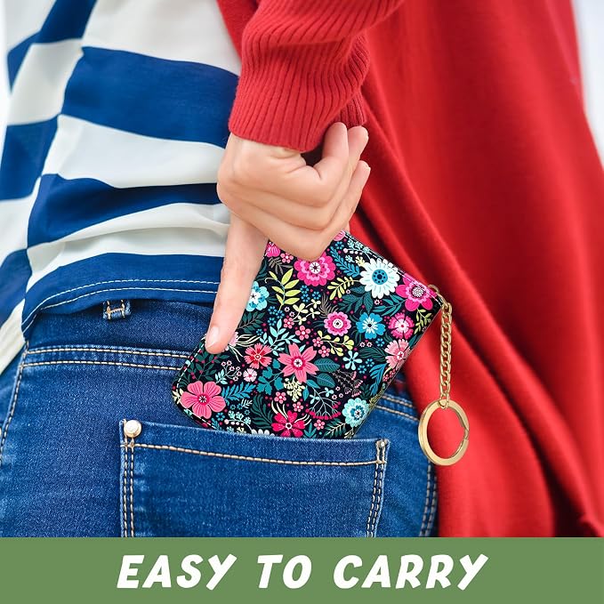 Aiawoxc Credit Card Holder, Small RFID Wallet Slim Leather Card Organizer Case with Zipper and Keychain, Elegant Flowers
