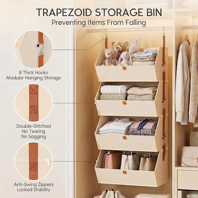 4-Tier Hanging Closet Organizer and Storage, Foldable Fabric Shelves with Hooks, Space-Saving Hanging Shoe Organizer for Bedroom, Dorm, RV, Beige