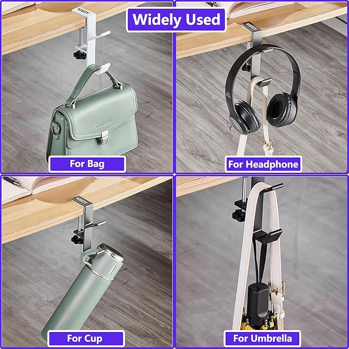 KISOY 2PCS Desk Hook, Under Desk Handbag Hanger Purse Hook for Table,Backpack Hanger Purse Holder for Desk Adjustable Can Hook Bags, Umbrellas,Headphone Holder(1White+1Black)