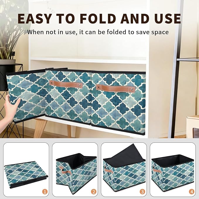 Retro Morocco Tile Closet Storage Bin, Foldable Storage Baskets for Shelves, Decorative Shelf Organizer Geometric Fabric Cube Bin for Living Room Bedroom Home Dorm