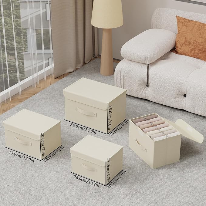 Fabric Storage Bins Cube Organizers with Flip-Top Lid and Handles,Storage Boxes for Organizing Home,Office,and Closet,Beige,5 Pack 15 x 9.8 x 9.8 in