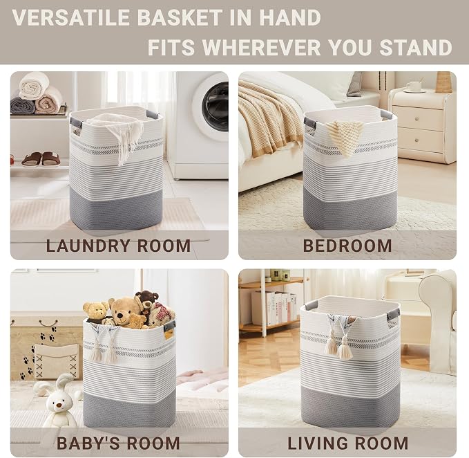 75L Tall Woven Laundry Basket Hamper with Leather Handles,Grey | 16"x13"x22", collapsible wicker hamper, storage for dirty clothes, toys, blankets, gifts, living room, bedroom, bathroom