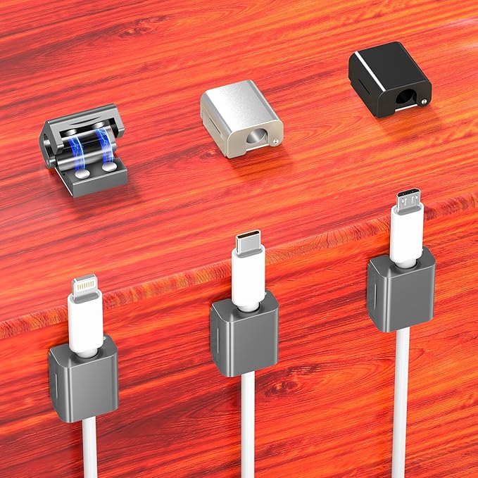 AGVEE 6 Pack Magnetic Cord Organizer Clips, 10mm Ultra-Thin Aluminum Cable Management Holder, 2 Pairs of Strong Magnets Keeper for Home Desk Office Gadgets Accessories, Residue-Free Tape, Dark Gray