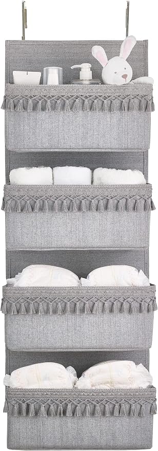 Dahey Over The Door Organizer Boho Nursery Storage Decor Closet Hanging Organizer with Tassels Decoration for Bedroom Nursery Bathroom Apartments Dorm Pantry, 4 Pockets, Grey
