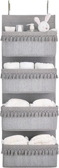 Dahey Over The Door Organizer Boho Nursery Storage Decor Closet Hanging Organizer with Tassels Decoration for Bedroom Nursery Bathroom Apartments Dorm Pantry, 4 Pockets, Grey