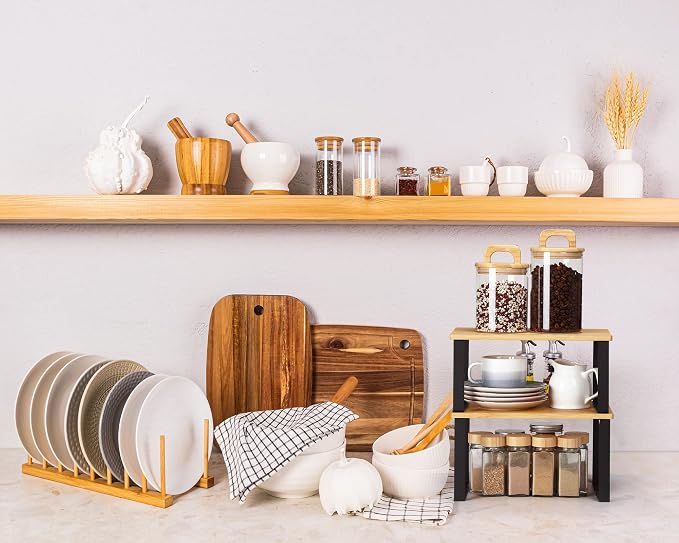 Marsui 4 Pcs Kitchen Organizer Accessories Set for Cabinet,Light Color | Cabinet Organizer Shelves, Bamboo Dish Drying Plate Rack, Wooden Counter Storage Holder, for Spice Dish Pot Lid Bowl Cup