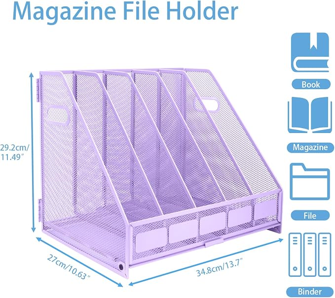 Desk Organizers Metal Magazine File Holder Racks Desktop Folder Storage Binder Organiser Document Organization for Home Office & Classroom,5 Vertical Compartments-Purple