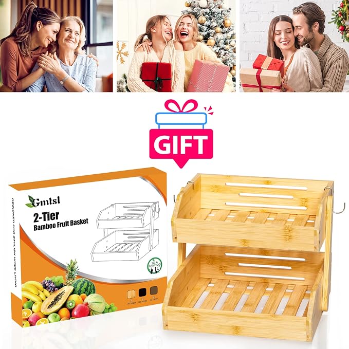 Gmtsl Bamboo Fruit Basket for Kitchen, Fruit Holder for Kitchen Countertop | 2 Tier Fruit bowl for Kitchen Counter, Fruit Stand, Vegetable Basket Storage, Produce Organizer, Bread Snack Display(BAMBOO)