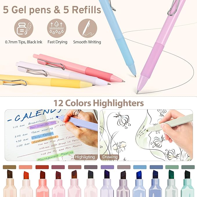 DazSpirit 62PCS Aesthetic Stationery Set with Pencil Case, No Bleed Highlighters, Gel & Erasable Pens, Mechanical Pencils, Refills, Cute College School Supplies for Note Taking, Journaling