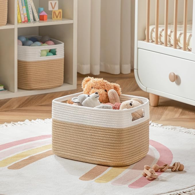 4 Pack Storage Baskets for Organizing, Shelf Baskets with Handles, White&Brown