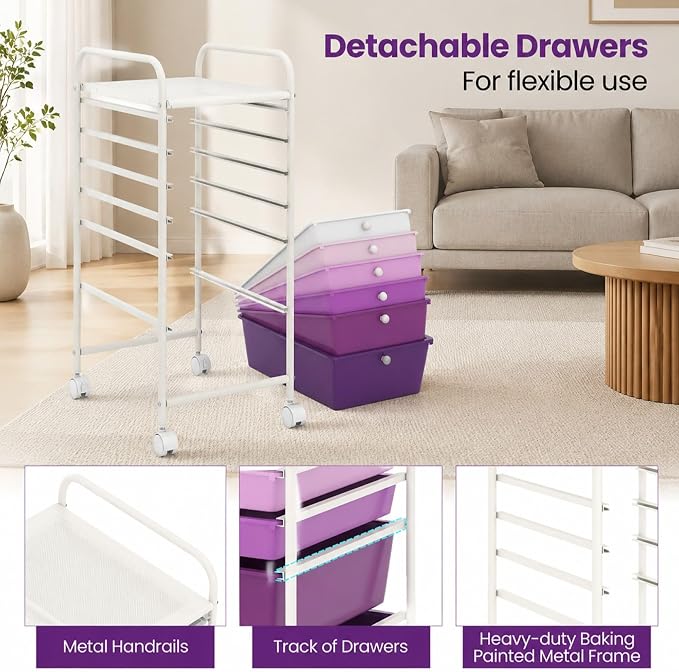 GOFLAME 6-Drawer Rolling Storage Cart, Multifunctional Art Craft Organizer Cart, Mobile Utility Storage Cart with Removable Drawers & Lockable Wheels, Craft Cart for Home Office, Purple Gradient