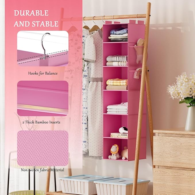 VERONLY Hanging Closet Organizer and Storage with Bamboo Support, 6-Shelf Closet Hanging Storage Shelves, Closet Organizers Easy Mount Foldable for Bedroom (Pink)