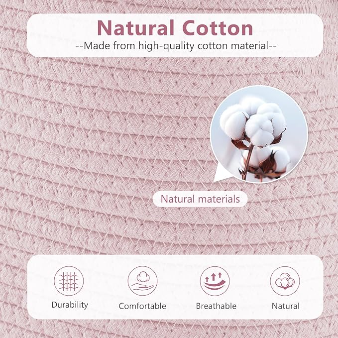ECDYQXVU 15x10x9 Woven Cotton Rope Storage Basket, Leather Handles 2 Pack | Foldable Design, Sturdy PU Handles, Easy to Clean Organizer for Living Room, Closet, Shelves, Bedroom, Laundry, Clothes