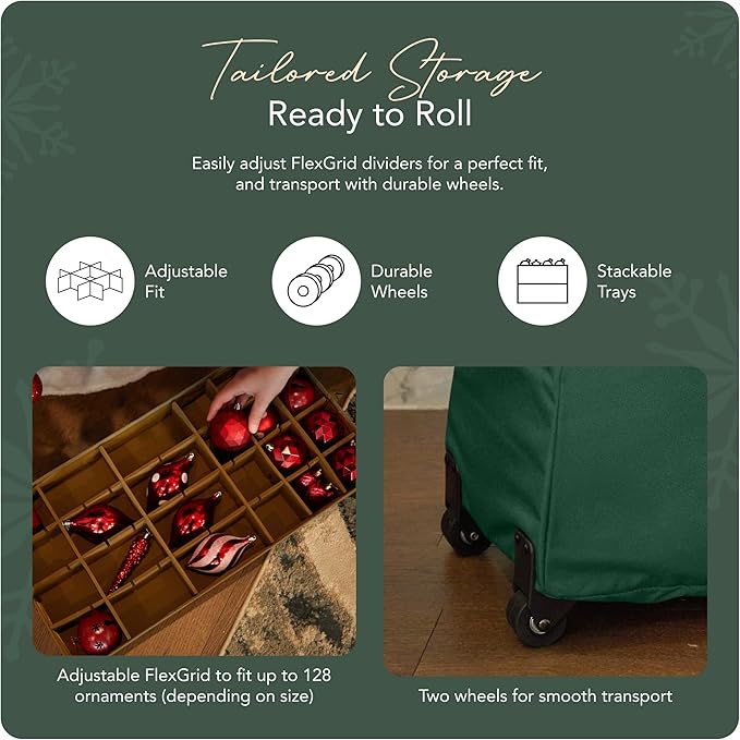 Covermates Keepsakes Rolling Adjustable Ornament Storage Bag – Heavy-Duty Polyester, FlexGrid Trays & Padded Dividers – Protective Holiday Organizer with Wheels, Handles & ID Window, Green