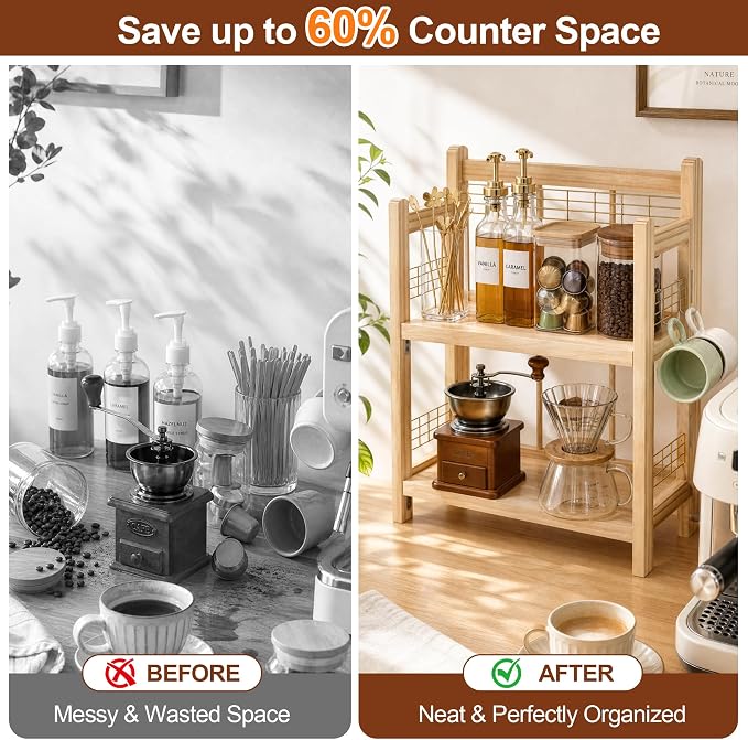 No-Assembly Coffee Bar Organizer, 2-Tier Coffee Station Shelf | Foldable Oak Wood Shelf, Coffee Station Accessories Storage for Syrup & Pod, 3 Hooks for Mugs, Kitchen Condiment Rack Natural