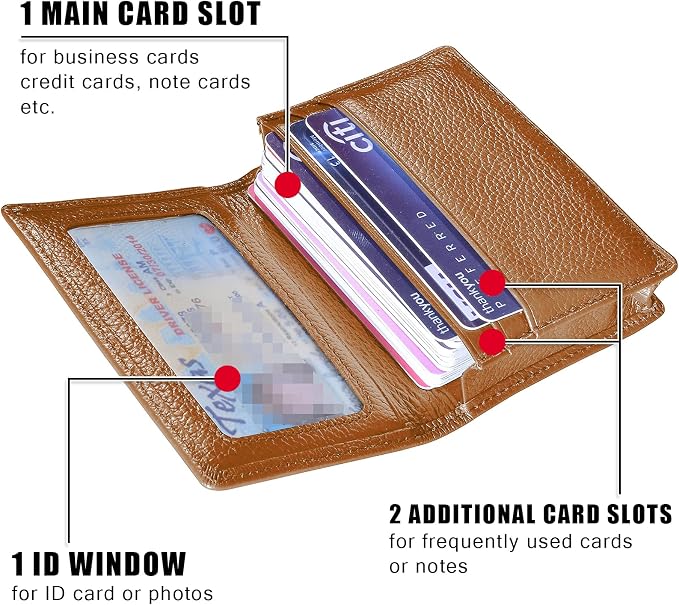 Genuine Leather Business Card Holder Name Card Case Credit Card Wallet with ID Window RFID Blocking (Brown)