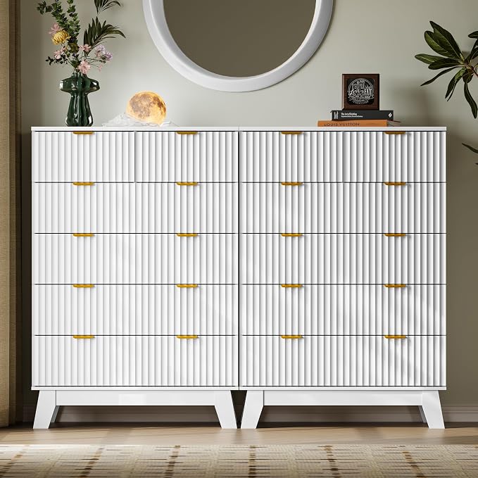 BORNOON 46" Tall Dresser for Bedroom, 6-Drawer Fluted Chest of Drawers, Modern Wood Highboy with Deep Storage, Metal Slides and Handles, Anti-Tip Kit, Vertical Clothes Organizer for Apartment, Nursery