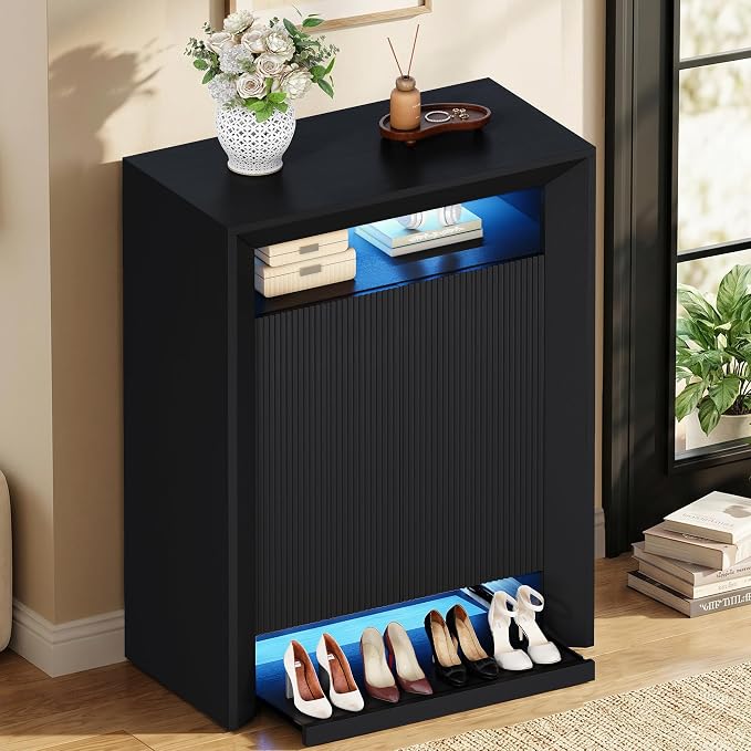 Einhomn LED Shoe Cabinet for Entryway w/App & Music Sync, Modern Shoe Storage Rack with Adjustable Shelves & Pull-Out Drawer, Entryway Shoe Organizer for Small Space, 15–25 Pairs, Black