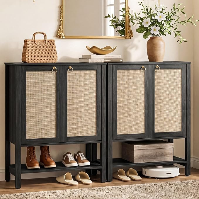 SICOTAS Shoe Storage Cabinet for Entryway - 5 Tier Rattan Entry Shoe Organizer Cabinet with Shelves & Doors, 2 Pieces Farmhouse Boho Tall Shoe Rack for Hallway, Living Room, Closet (Obsidian)