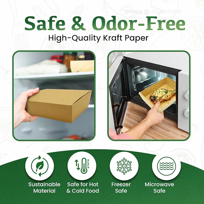 Holotap Disposable Kraft Paper To Go Containers With Lids,Microwaveable and Grease Resistant Cardboard Lunch Boxes,Meal Prep Containers Reusable for Restaurant, Kitchen,and Party (50 Pcs-65Oz)