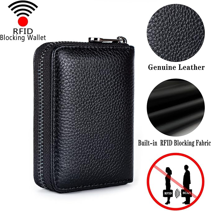 Suweibuke Genuine Leather Credit Card Holder Zipper Wallet RFID Blocking Secure Card Case ID Case Organizer (Classic-Black Leather)