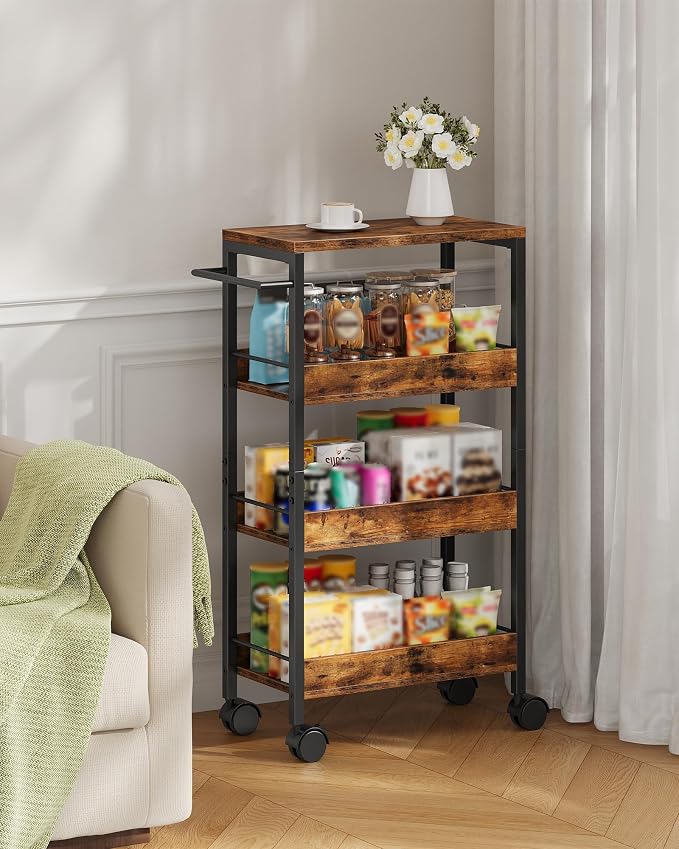 CHOEZON 4-Tier Slim Storage Cart, 9.1'' Kitchen Serving Trolley, Slim Rolling Cart with Handle and Guard Rails, Slim Cabinet for Small Spaces, for Dining Room, Rustic Brown and Black TTC03BF