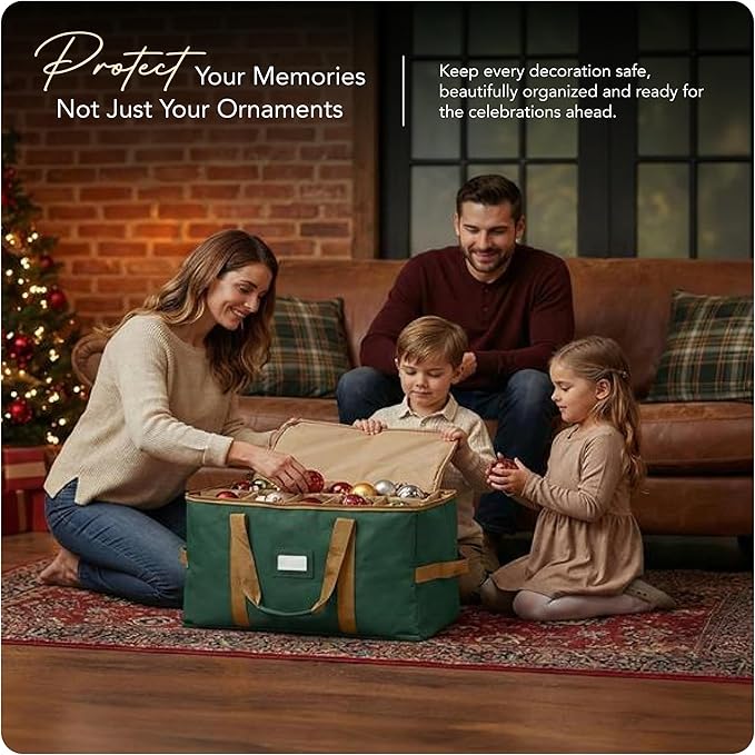 Covermates Keepsakes Adjustable Ornament Storage Bag – Heavy-Duty Polyester, Padded Dividers & FlexGrid Trays – Protective Holiday Ornament Organizer with Handles & Label Window, Green