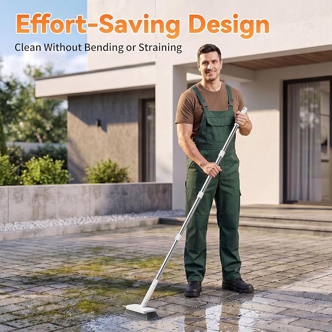 Leemone Floor Scrubber, Stainless Steel Wire Scrub Brush with Long Handle | Sturdy, with Squeegee, Deep Cleaning for Concrete, Patio, Driveway, Garage Floor, Pavers, Grout & Moss Removal