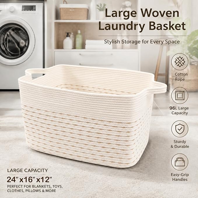 65L Collapsible Woven Rope Laundry Basket with Handles, Yellow | 21x16x12 Foldable Rectangular Blanket Basket for Toys, Clothes & Pillows,Ideal for Nursery, Bathroom, Bedroom, Living Room