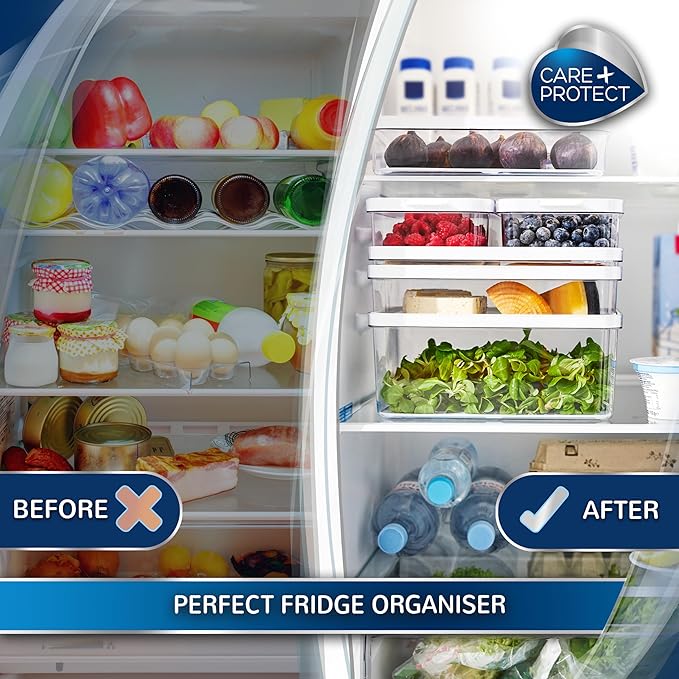 CARE + PROTECT Smart Food Container, Perfectly Stackable, Fridge Organiser, Protect Food From Moisture, Keep Food Fresh Longer 4.65L
