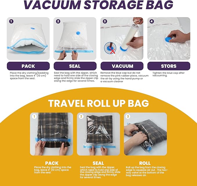 Vacuum Compression Zipper Storage Bags with Hand Pump, Multiple Pack of 64 (5 Jumbo, 5 Large, 6 Medium, 6 Small, 5 Roll M, 5 Roll S), Clear