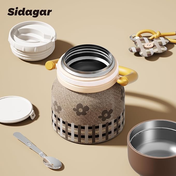 24 oz Insulated Food Jar with Handle, Aesthetic Stainless Steel Vacuum Lunch Container for School Office, Keep Hot/Cold Soup, Oatmeal, Smoothie Bowl, Autumn Gingham