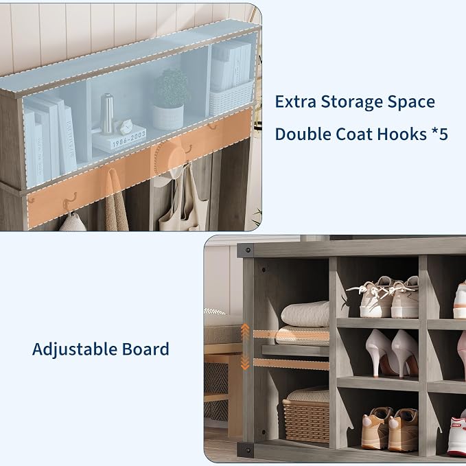 Garvee Farmhouse Entryway Hall Tree with Bench, Shoe Storage & Coat Rack | Large 5-in-1 Mudroom Storage w/ 6 Tri-Hooks & Seating, 13 Cubbies & Adjustable Shelf, Metal Corner Protctor, Rustic Gray