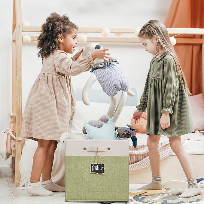 15x13x13 inch cube storage bin,Collapsible Fabric Storage Cubes with Labels 4 Pack,Linen Cube Storage Organizer Bins with Cotton Handles for Home,Nursery,Clothes,Shelves and Closet(White green).