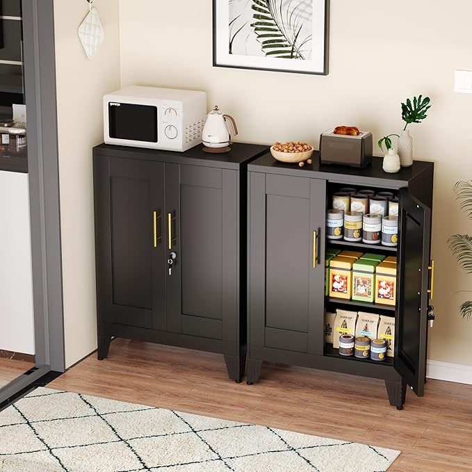 Black Metal Storage Cabinet, 36" Tall Locking Storage Cabinet with 2 Adjustable Shelves, Steel Locker Organizer, for Office, Home, School, 11.81" D x 23.62" W x 35.83" H, 2PS