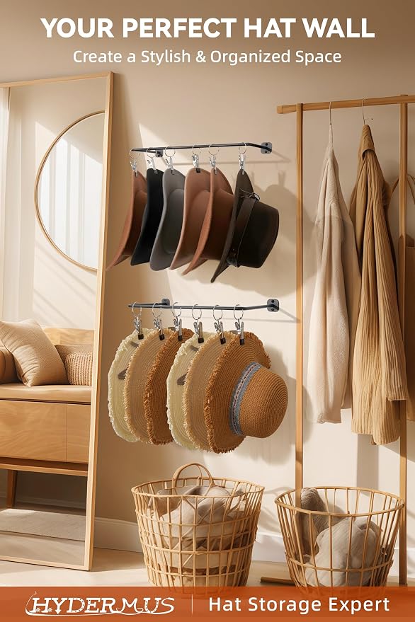 Cowboy Hat Rack for Wall Cowboy Hats Hook 12 Clips Metal Cowboy Hat Hanger | Hat Organizer for Bucket Baseball Caps Sunhat Winter Beanies Fedora Hat Holder on Wall Women Men Closet Black 2 Pcs