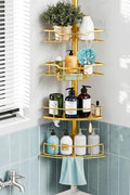 Corner Shower Caddy Tension Pole, 4 Tier Rustproof Shower Tension Rod Organizer, Adjustable 25-125 Inch Bathroom Shower Organizer Shelves for Bathtub Shampoo Storage, Gold