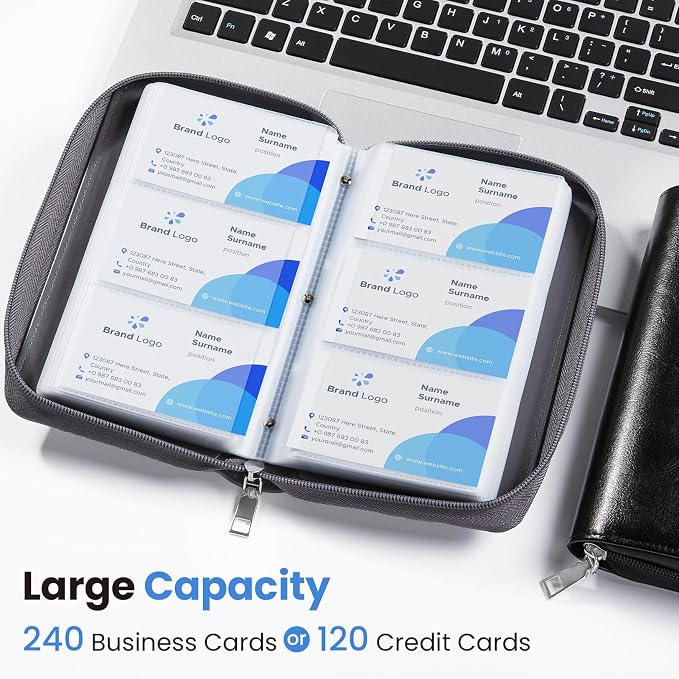 Sooez Zip-Enclosed Business Card Holder Organizer, Professional Credit Card Case Book for Women Men, 240 Capacity, Premium Vegan Leather Gift Card Organizer Storage, 7.87"×4.92"×1.57", Blue